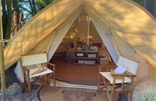 Washford Cabina | Bell tent in ultimate luxury with a wood fired hot tub, super king size bed