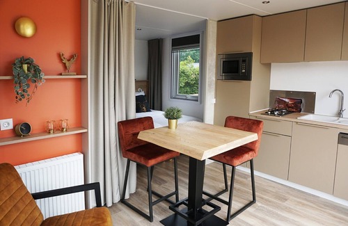 Voorthuizen Hotel | Cozy Hotellodge in the Veluwe for 2+2 guests with private bathroom, kitchenette, and terrace. Located in 5-star Holiday Park De Boshoek.