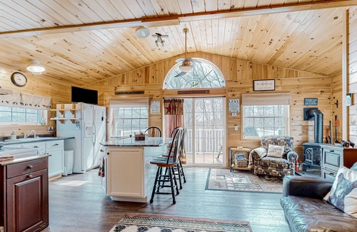 Greenville Junction Casa | Lake-view two-story home with beach access, wood stove, grill, W/D, & fast WiFi