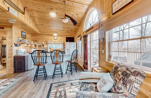 Greenville Junction Casa | Lake-view two-story home with beach access, wood stove, grill, W/D, & fast WiFi