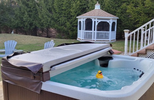 Albrightsville Casa | Luxury Home with Sauna, Hot Tubs, Game Room, Short Walk to Lake, King Beds