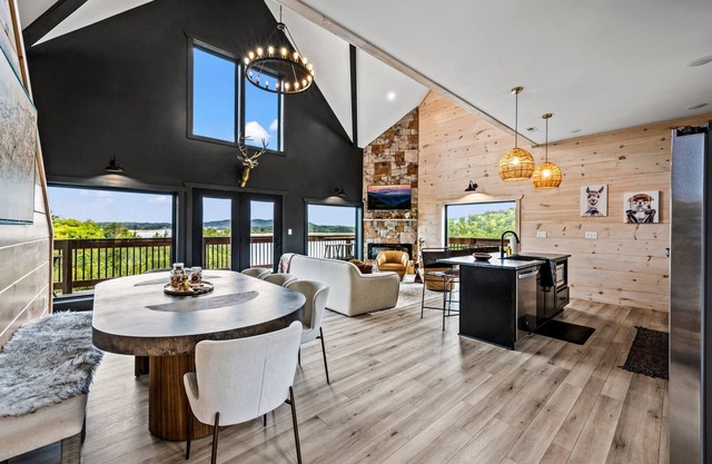 Lakefront home with retro accents, private pool, and private dock.