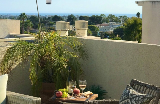 Large rooftop terrace with sweeping ocean and city view