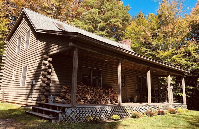 monte Snow / Stratton Log Cabin en el bosque