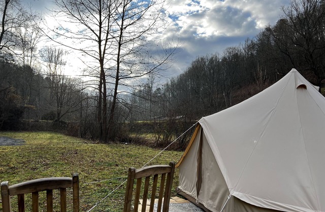 Off grid Bell Tent Full size Bed & Solar powered.