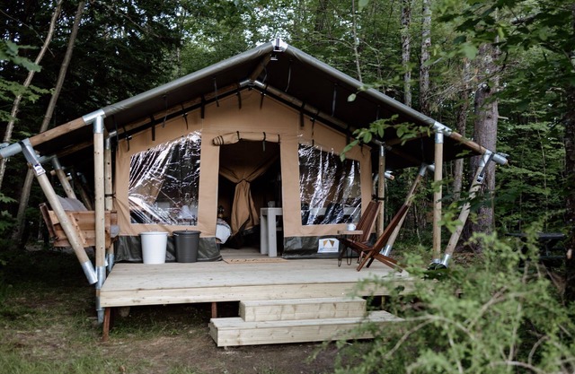 Safari Tent Site 8 | 1 Queen Bed & 2 Bunk Beds | Pond View