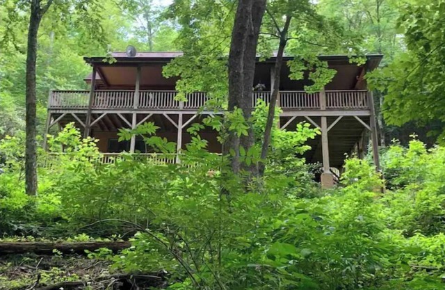 Spacious suite surrounded by nature with living room, fireplace, porch, fire pit