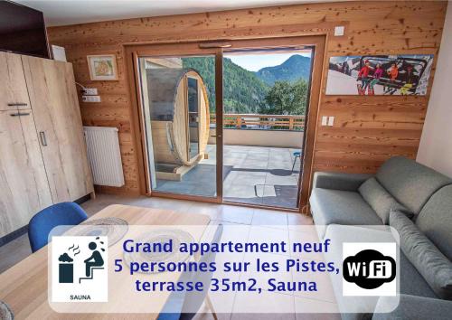 Saint-Jean-dʼAulps Apartamento | Dans résidence neuve LE SNOW ROC sur les pistes, grand studio cosy 5 pers avec terrasse panoramique, SAUNA, WIFI