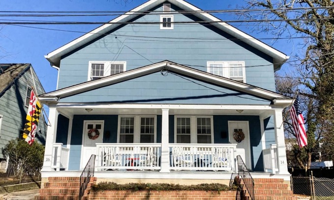Annapolis Casa | Double-sided Navy-themed Home with Hot Tubs and Parking at Pet Friendly, Private Fenced-In Backyard
