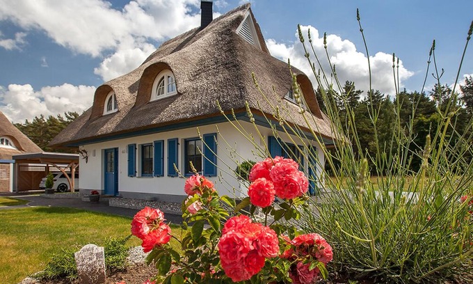 Barth Casa | Nueva cabaña con techo de paja, en exclusiva con chimenea, sauna y 3 dormitorios