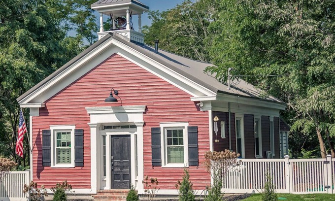 Cranesville Casa | Historic Schoolhouse w/ Hot Tub, Fireplace & King Bed