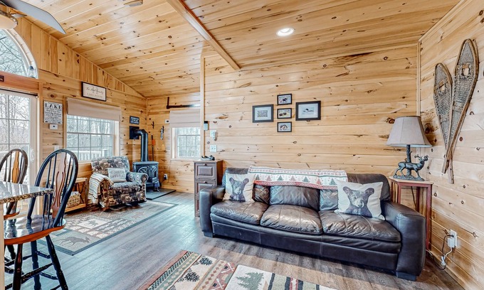 Greenville Junction Casa | Lake-view two-story home with beach access, wood stove, grill, W/D, & fast WiFi