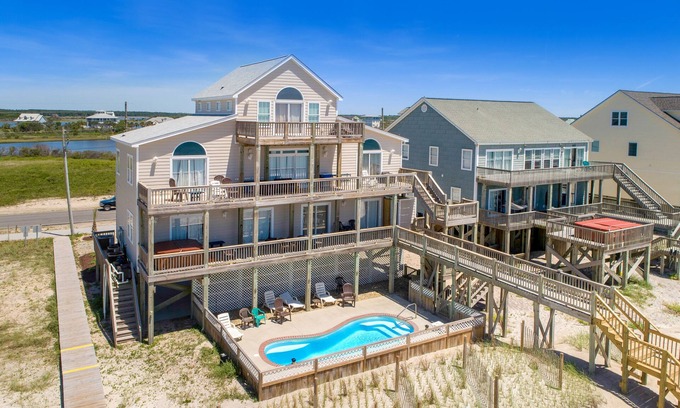 North Topsail Beach Casa | Multi-level oceanfront home with beach access, private hot tub and heated pool