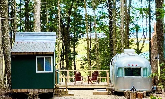 Mariaville Cabina | Vintage Downeast Airstream + Tiny House A-Frame Cabin near Acadia, Fabulous View