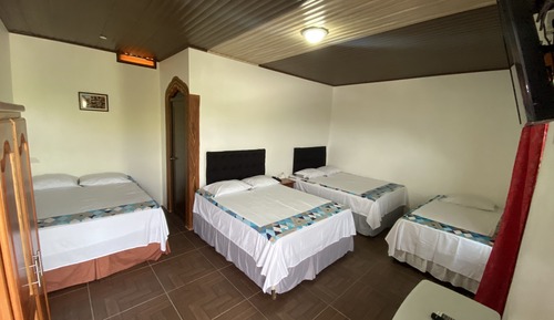 Habitación cuádruple familiar, varias camas, baño privado, vistas al jardín