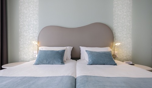 Habitación básica con 2 camas individuales, balcón, vistas a la ciudad