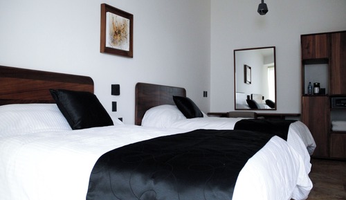 Habitación Confort doble, 2 camas dobles, baño privado, vistas al jardín